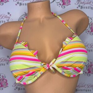 Victoria secret bikini top neon orange pink striped gold shimmer ruffle cupped